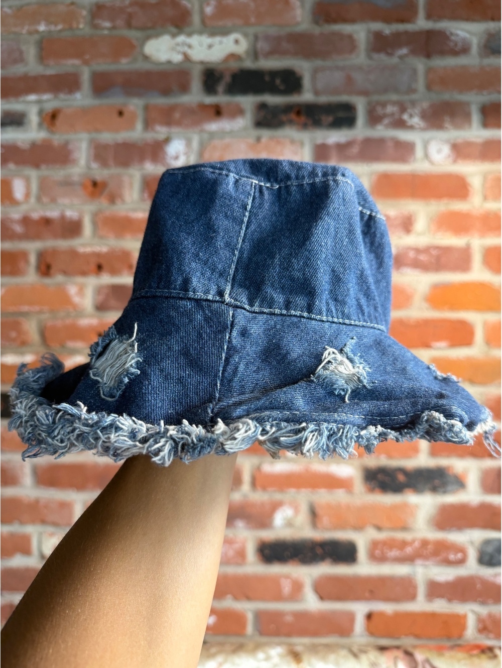 Distressed Denim Bucket Hat with Frayed Edges